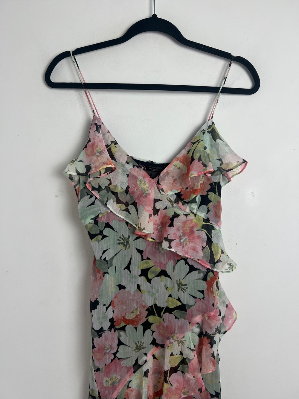 NEW ZARA Medium Floral Print Chiffon Tiered Ruffle Asymmetrical Hem Midi Dress - Picture 5 of 15